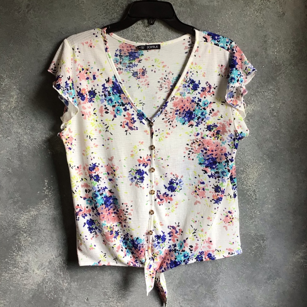 Storybuk short sleeve Top with buttons & tie in front, Sz. PL